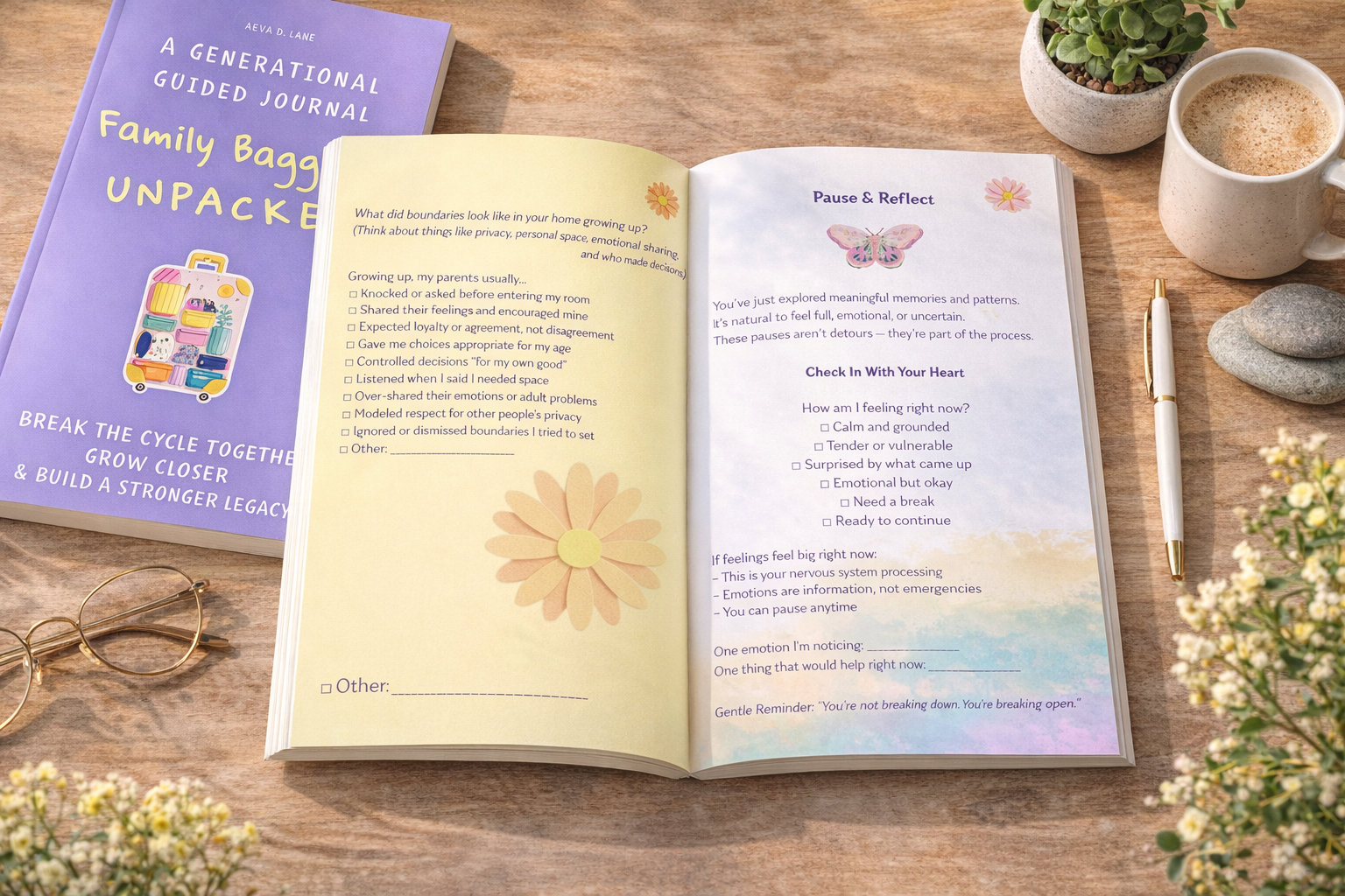 Inside pages of Family Baggage, Unpacked with old family photos and coffee