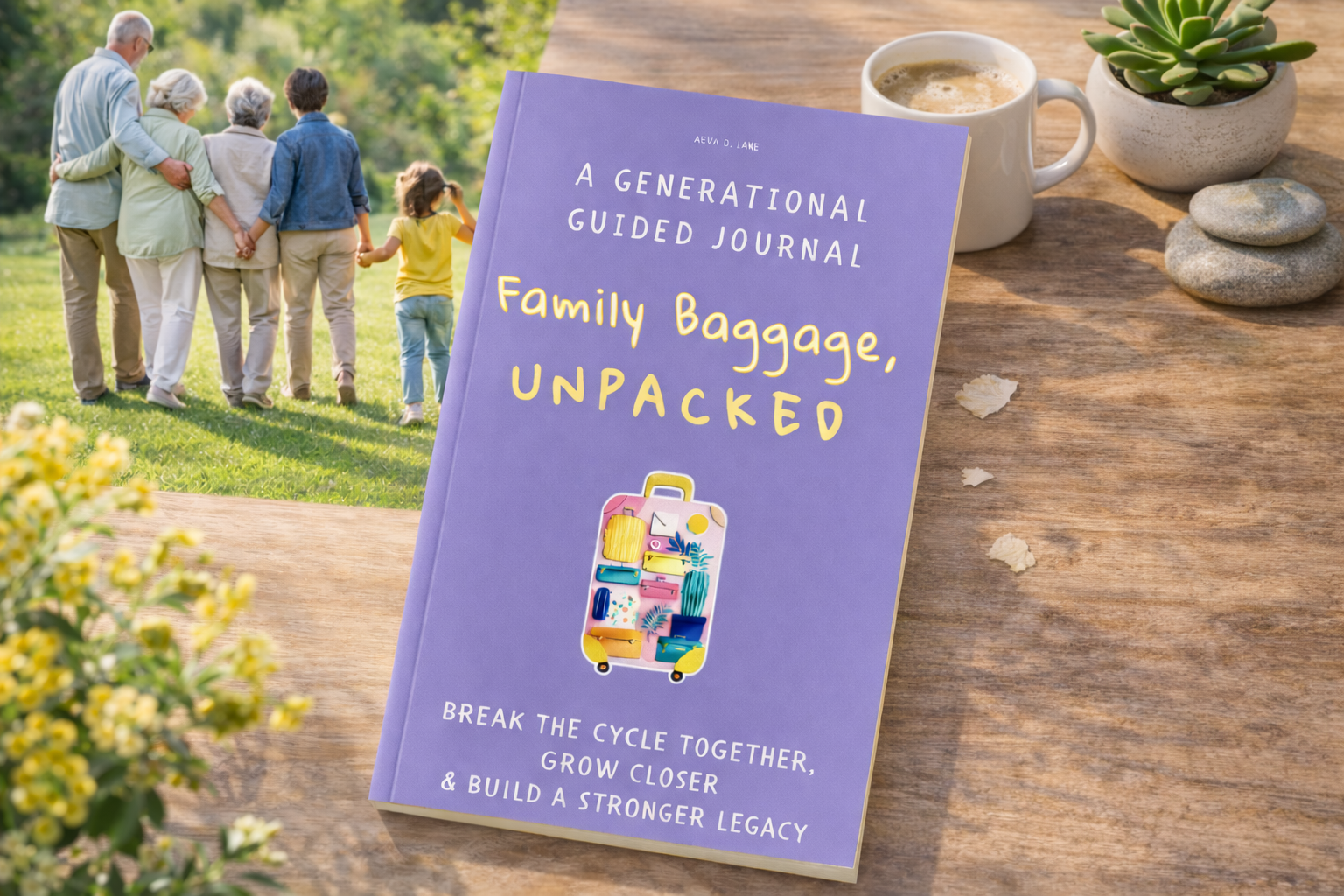 Three generations sharing stories over coffee and a journal