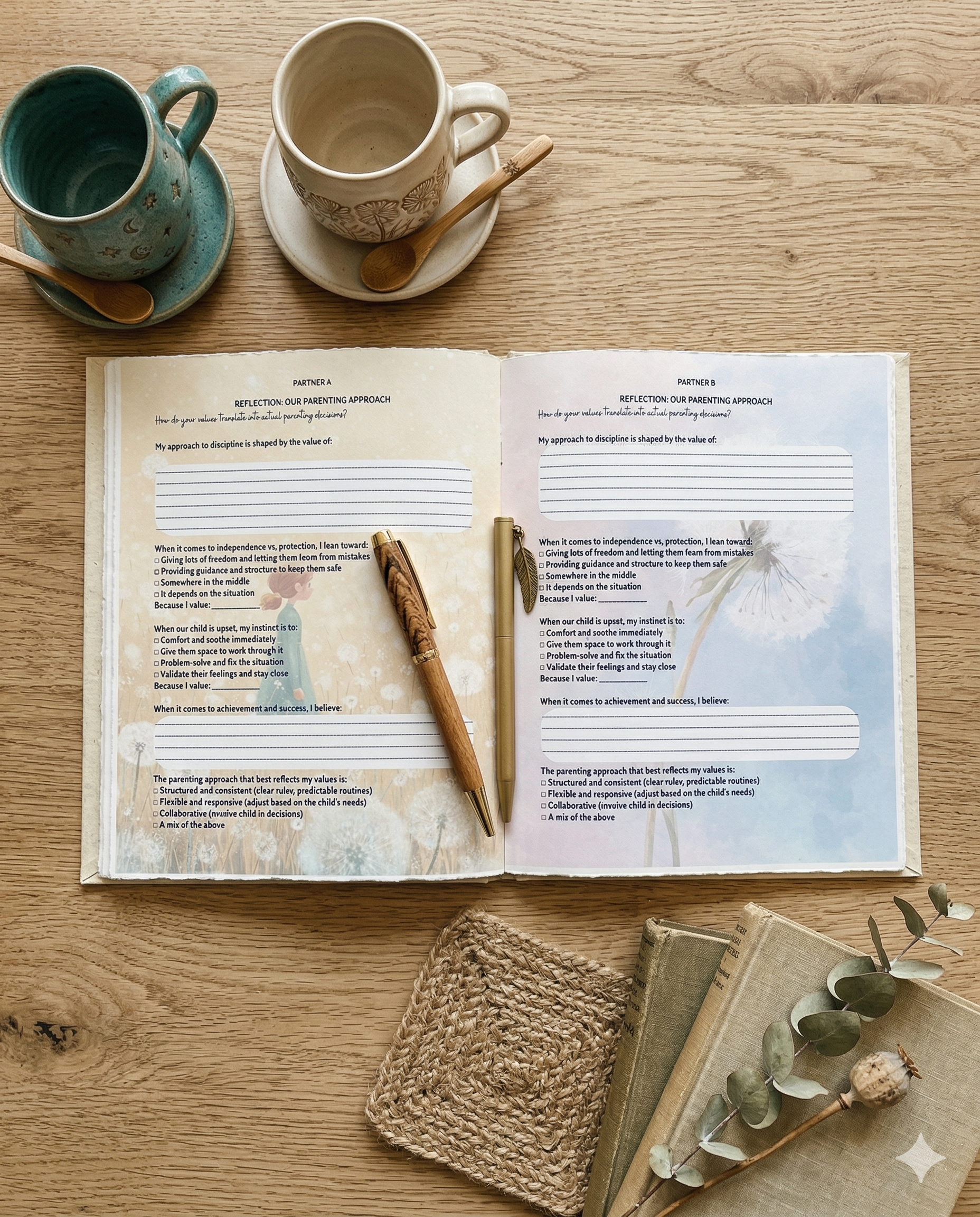 Inside pages of Raising Our Kids Lighter with coffee and family photos