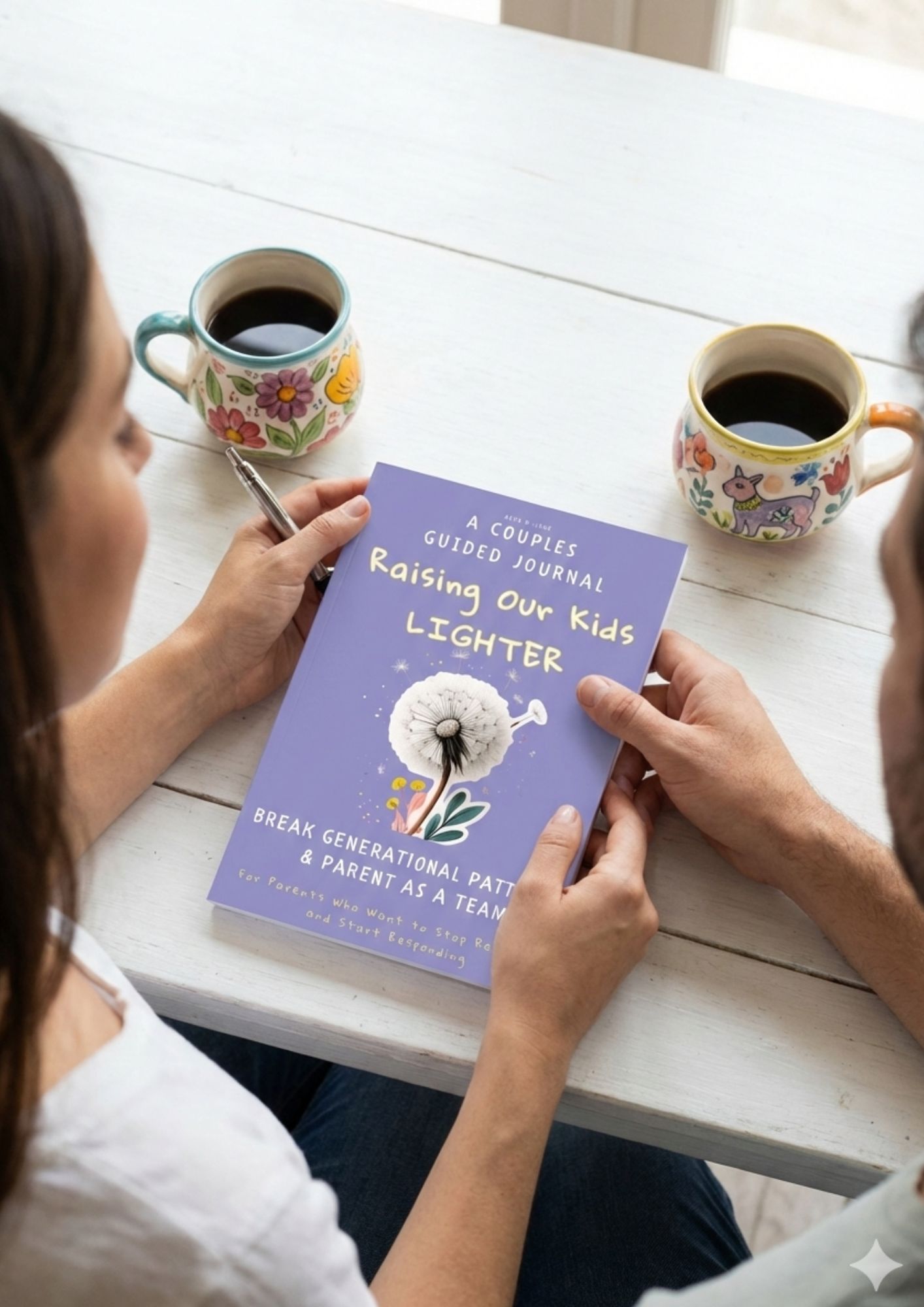 A couple journaling together over coffee while their child plays nearby
