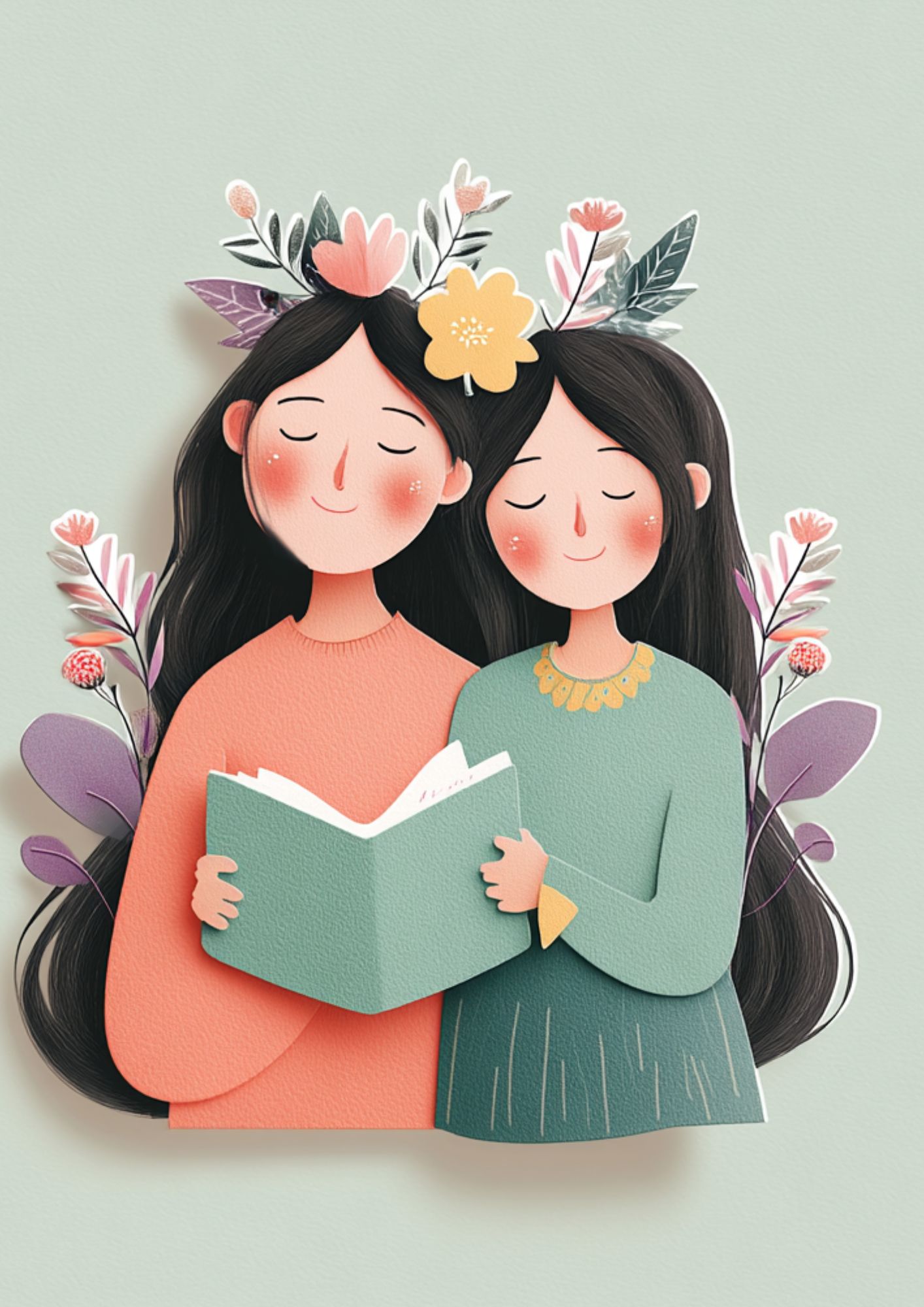 Mother and daughter hands reaching over journal