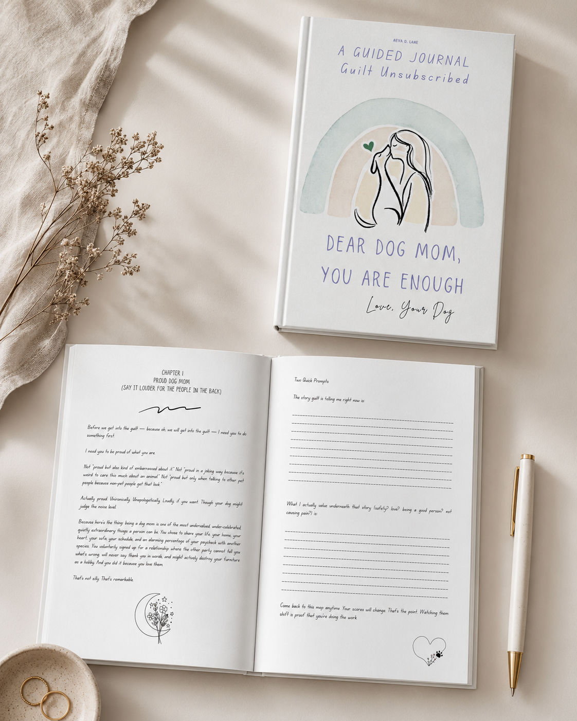Open interior pages of Dear Dog Mom You Are Enough guided journal